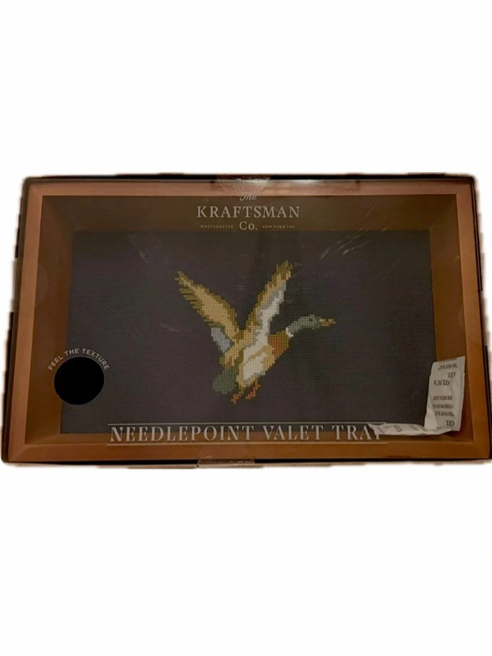 THE KRAFTSMAN CO. NEEDLEPOINT VALET TRAY DUCK HUNTING NAVY VINTAGE WOOD